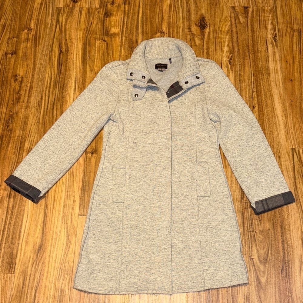 Barbour Women's 10 medium jacket millfire knit Gray Trench sweater tartan plaid